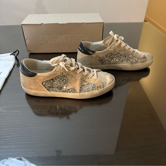 Golden Goose Shoes - Golden Goose Beige and Black Glitter Super Stars ⭐️